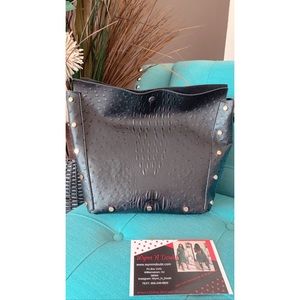 Black Ostrich Print Large Handbag